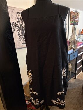 Calypso St. Barth Black Mini Dress with Cream Palm Embroidery